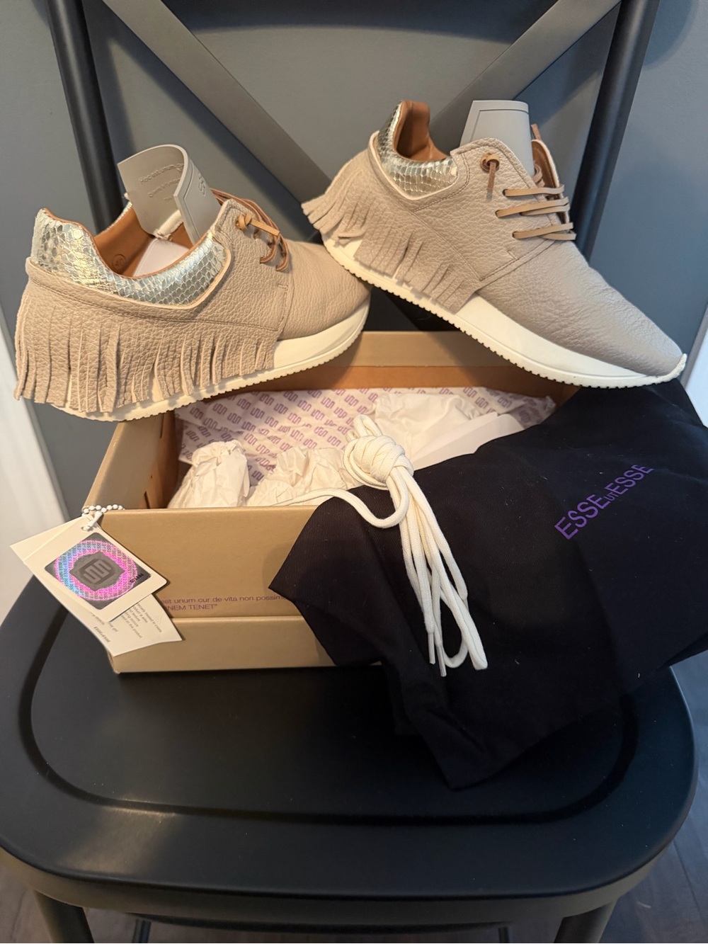 ESSE:esse Taupe Fringe Leather Sneakers with Metallic Accent